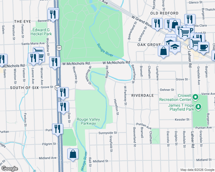 map of restaurants, bars, coffee shops, grocery stores, and more near 23339 South Riverdale Drive in Detroit