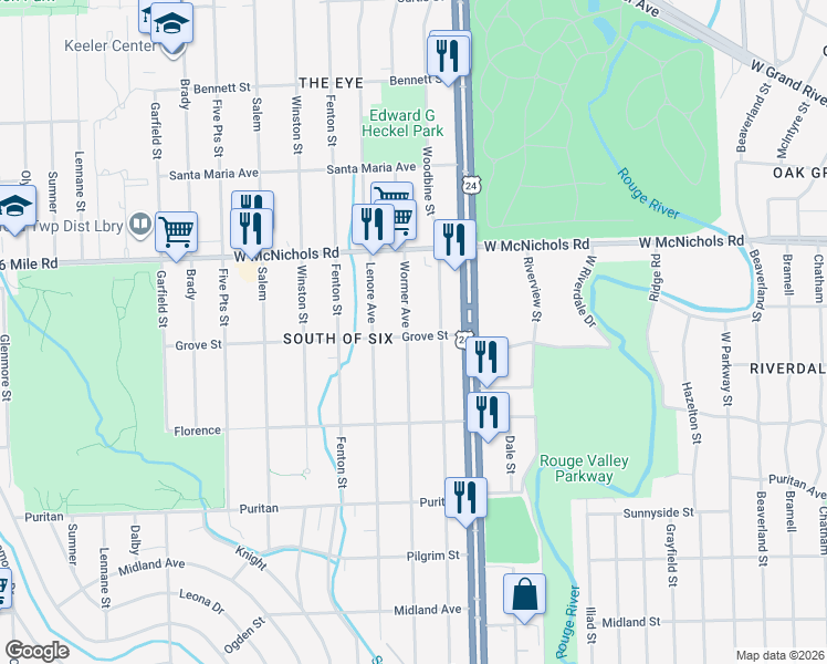 map of restaurants, bars, coffee shops, grocery stores, and more near 16831 Wormer in Detroit