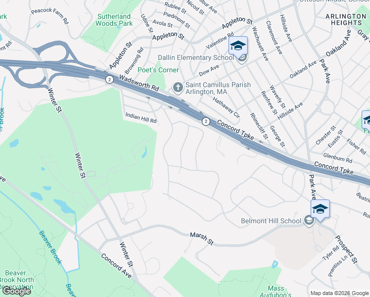 map of restaurants, bars, coffee shops, grocery stores, and more near 25 Lantern Road in Belmont