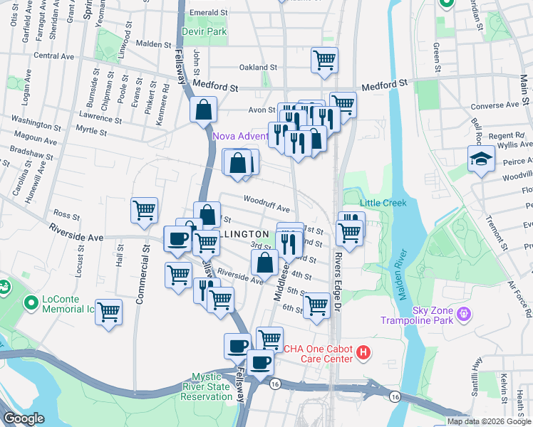 map of restaurants, bars, coffee shops, grocery stores, and more near 37 Woodruff Avenue in Medford