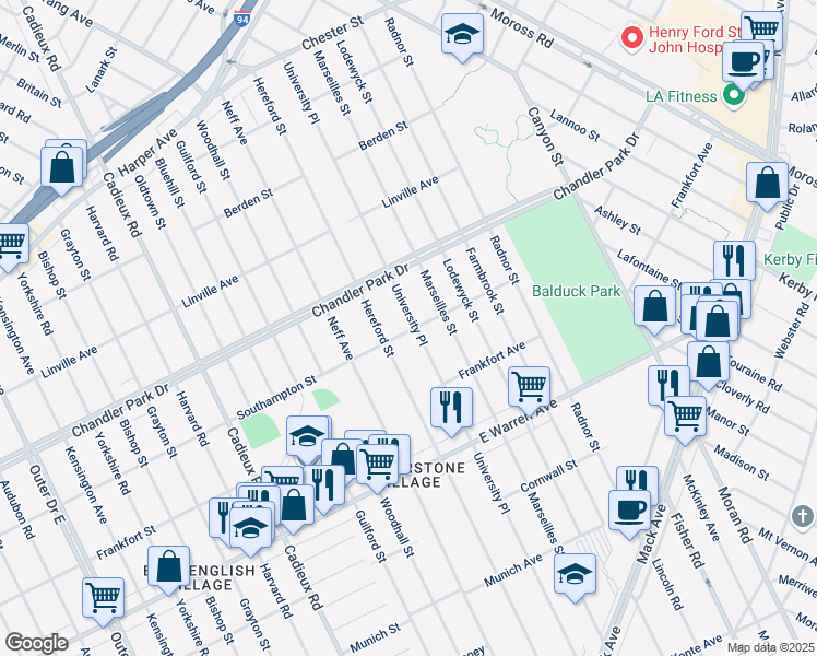 map of restaurants, bars, coffee shops, grocery stores, and more near 5508 University Place in Detroit