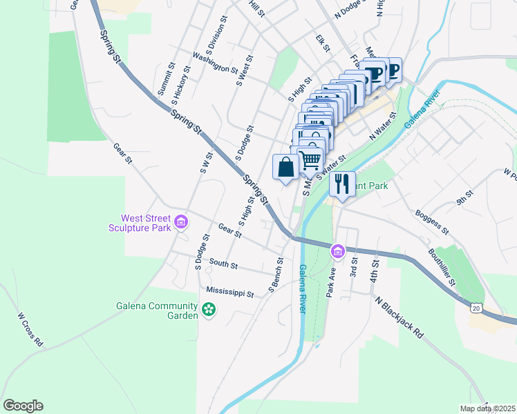 map of restaurants, bars, coffee shops, grocery stores, and more near 342 Spring Street in Galena