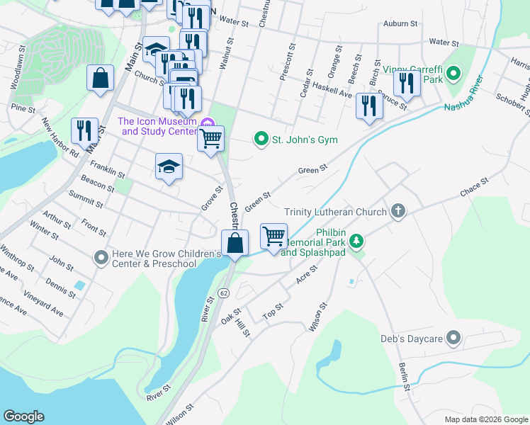 map of restaurants, bars, coffee shops, grocery stores, and more near 55 Green Street in Clinton
