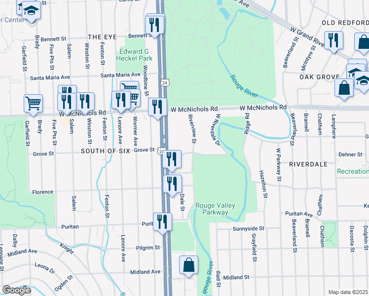 map of restaurants, bars, coffee shops, grocery stores, and more near 23830 Dehner Street in Detroit