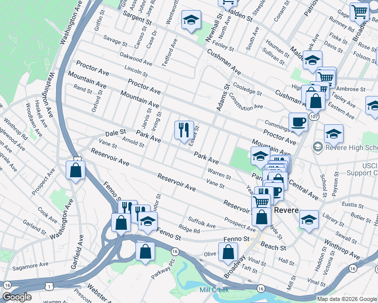 map of restaurants, bars, coffee shops, grocery stores, and more near 313 Park Avenue in Revere