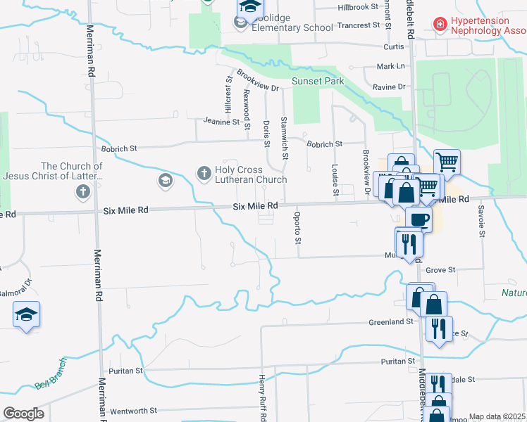 map of restaurants, bars, coffee shops, grocery stores, and more near 30325 Six Mile Road in Livonia