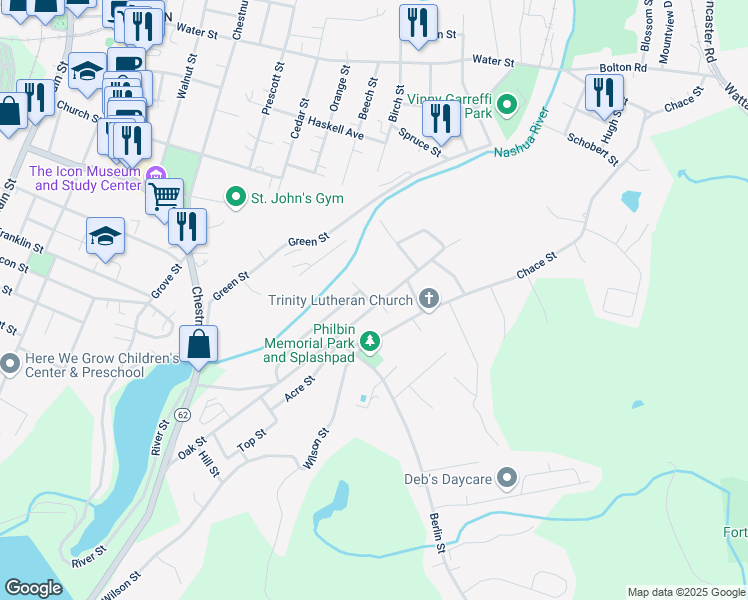 map of restaurants, bars, coffee shops, grocery stores, and more near 308 Oak Street in Clinton