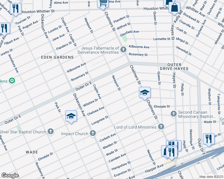map of restaurants, bars, coffee shops, grocery stores, and more near 13392 Promenade Avenue in Detroit