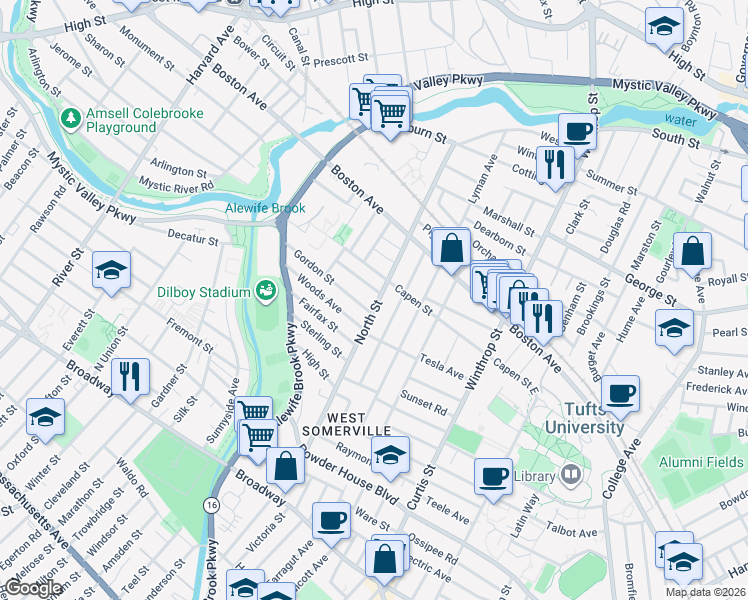 map of restaurants, bars, coffee shops, grocery stores, and more near 113 North Street in Medford