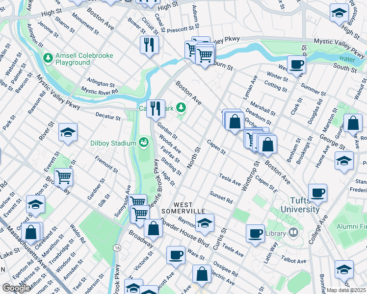 map of restaurants, bars, coffee shops, grocery stores, and more near 29 Gordon Street in Somerville