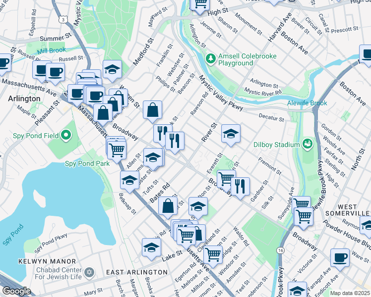 map of restaurants, bars, coffee shops, grocery stores, and more near 11 Amherst Street in Arlington