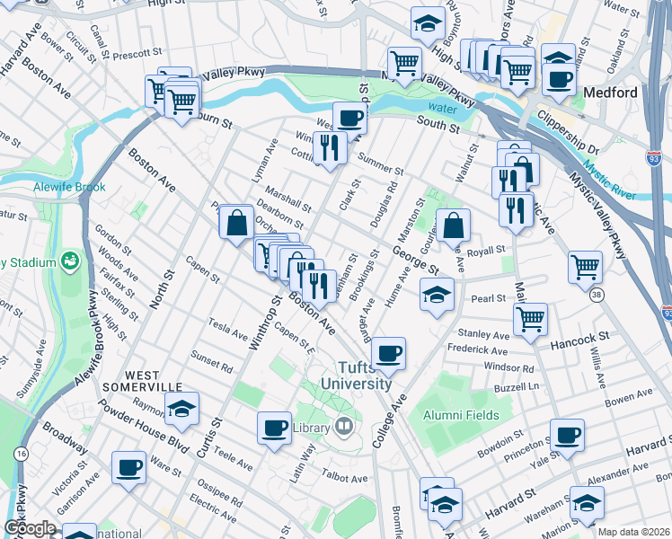 map of restaurants, bars, coffee shops, grocery stores, and more near 11 Crowley Road in Medford