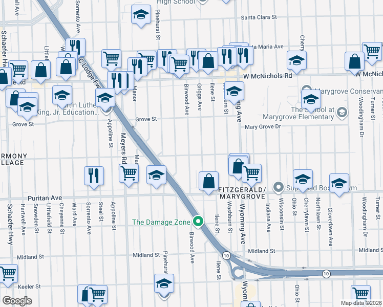 map of restaurants, bars, coffee shops, grocery stores, and more near 16500 Birwood Street in Detroit