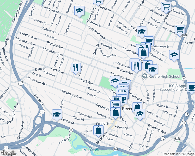 map of restaurants, bars, coffee shops, grocery stores, and more near 38 Barrett Street in Revere