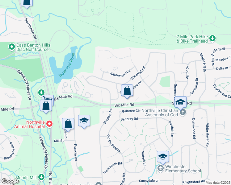 map of restaurants, bars, coffee shops, grocery stores, and more near 17413 Pon Valley Drive in Northville