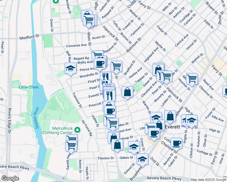 map of restaurants, bars, coffee shops, grocery stores, and more near 10 Locust Street in Everett