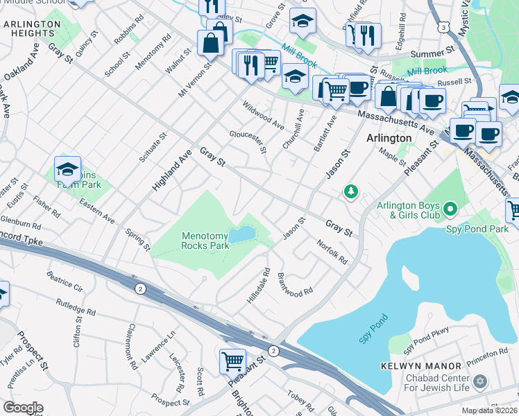 map of restaurants, bars, coffee shops, grocery stores, and more near 15 Lincoln Street in Arlington