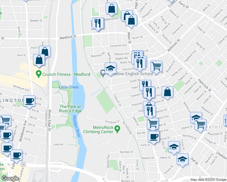 map of restaurants, bars, coffee shops, grocery stores, and more near 95 Pearl Street in Everett