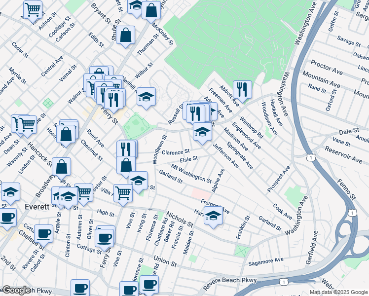 map of restaurants, bars, coffee shops, grocery stores, and more near 23 Griswold Street in Everett