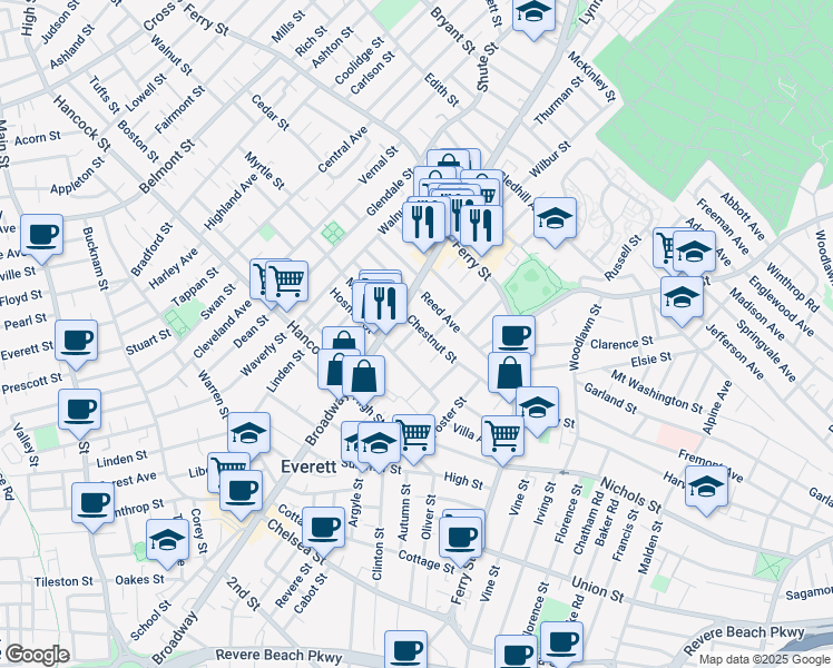 map of restaurants, bars, coffee shops, grocery stores, and more near 82 Chestnut Street in Everett