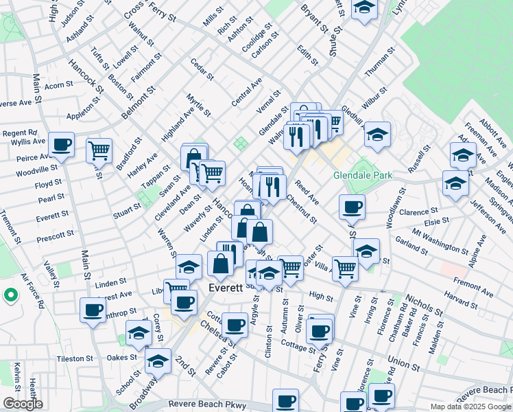 map of restaurants, bars, coffee shops, grocery stores, and more near 8 Sherman Street in Everett