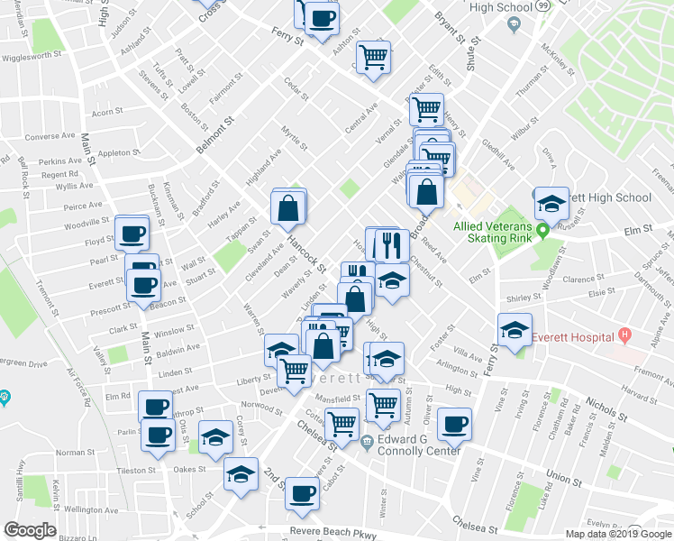 map of restaurants, bars, coffee shops, grocery stores, and more near 55 Kenilworth Street in Everett
