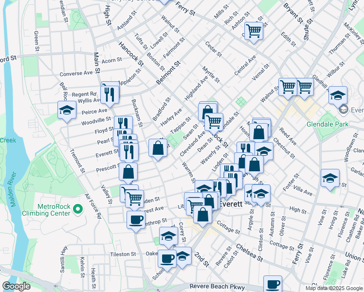 map of restaurants, bars, coffee shops, grocery stores, and more near 63 Swan Street in Everett