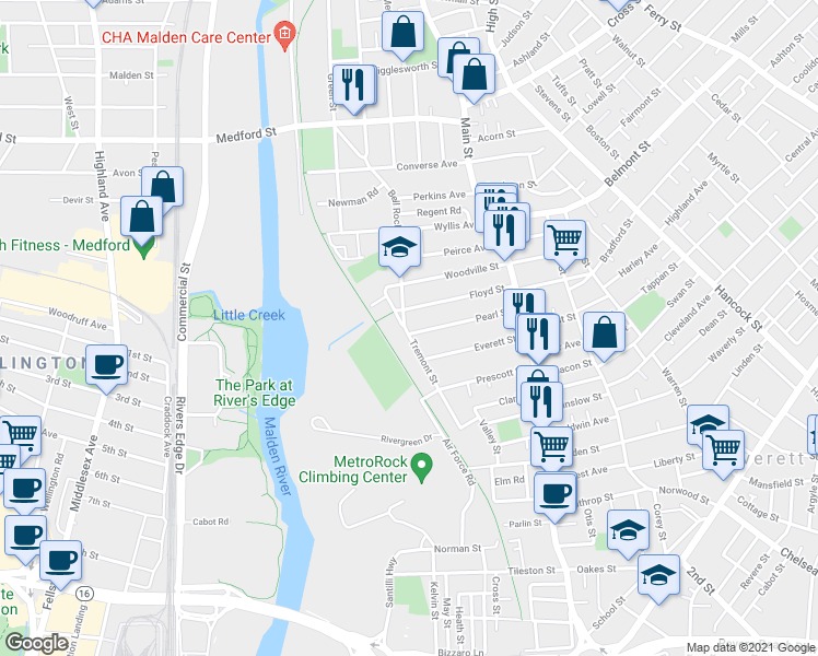 map of restaurants, bars, coffee shops, grocery stores, and more near 79 Pearl Street in Everett
