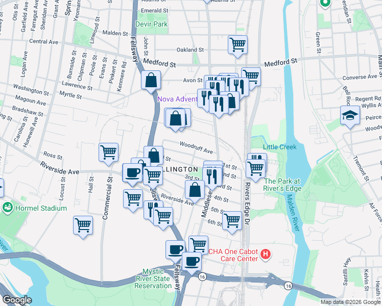 map of restaurants, bars, coffee shops, grocery stores, and more near 97 1st Street in Medford