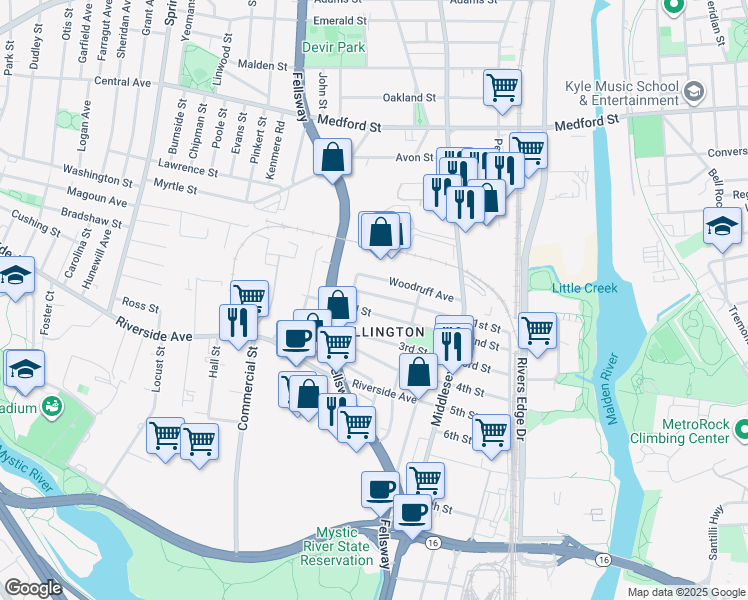 map of restaurants, bars, coffee shops, grocery stores, and more near 135 1st Street in Medford