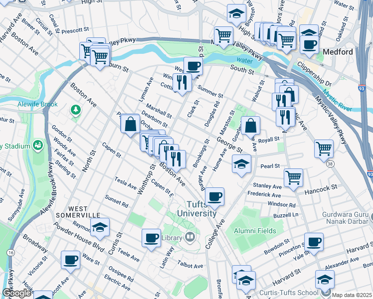 map of restaurants, bars, coffee shops, grocery stores, and more near 11 Crowley Road in Medford