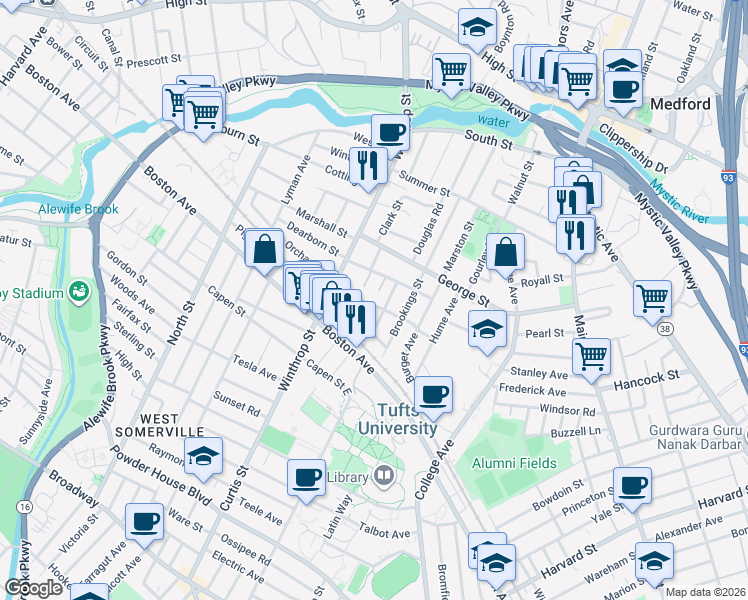 map of restaurants, bars, coffee shops, grocery stores, and more near 11 Crowley Road in Medford