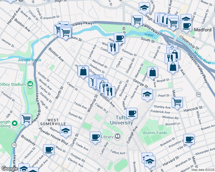 map of restaurants, bars, coffee shops, grocery stores, and more near 2 Charnwood Road in Medford