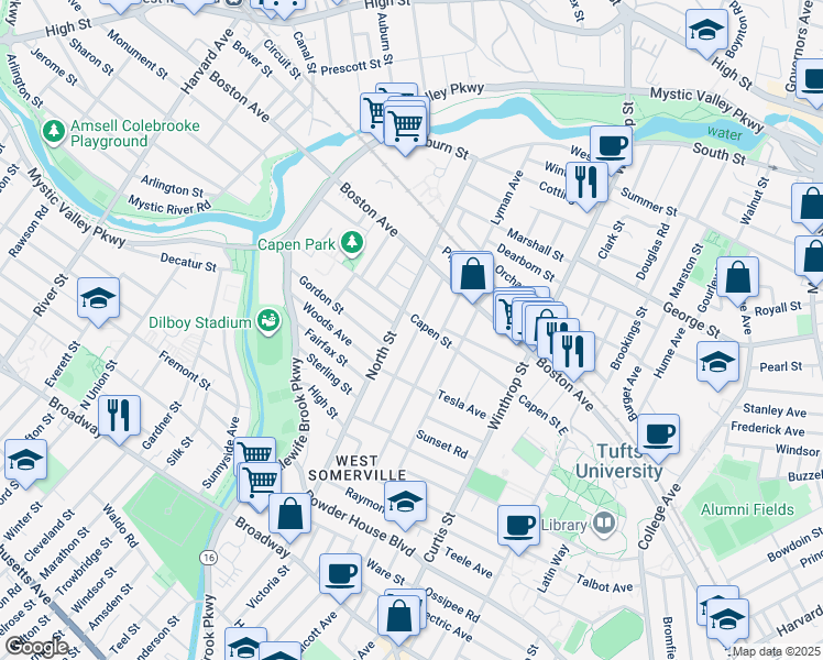map of restaurants, bars, coffee shops, grocery stores, and more near 113 North Street in Medford
