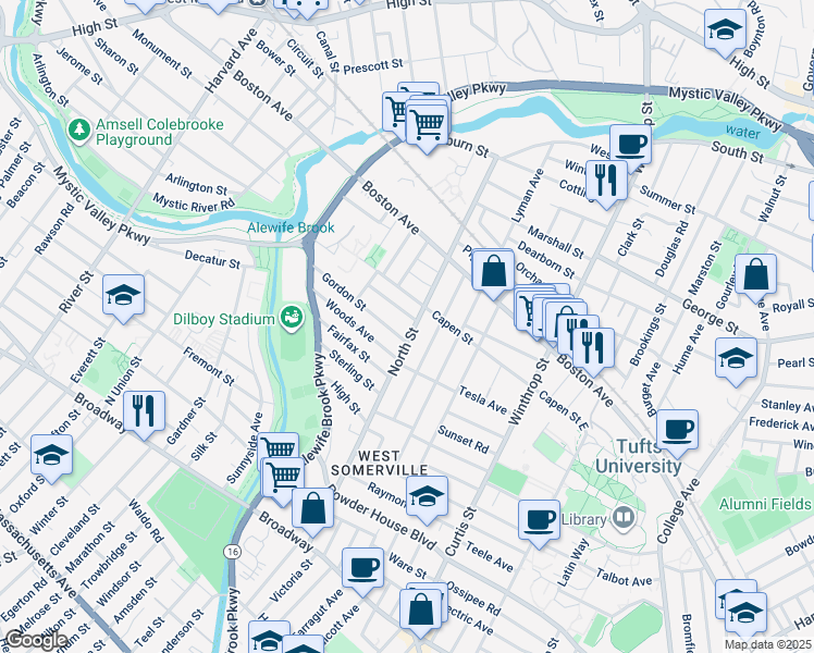 map of restaurants, bars, coffee shops, grocery stores, and more near 113 North Street in Medford