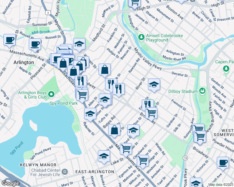 map of restaurants, bars, coffee shops, grocery stores, and more near 47 Warren Street in Arlington