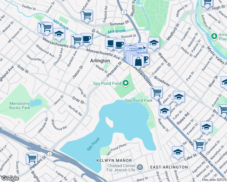map of restaurants, bars, coffee shops, grocery stores, and more near 40 Wellington Street in Arlington