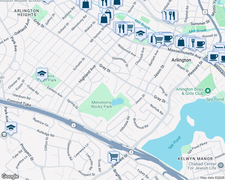 map of restaurants, bars, coffee shops, grocery stores, and more near 25 Valley Road in Arlington