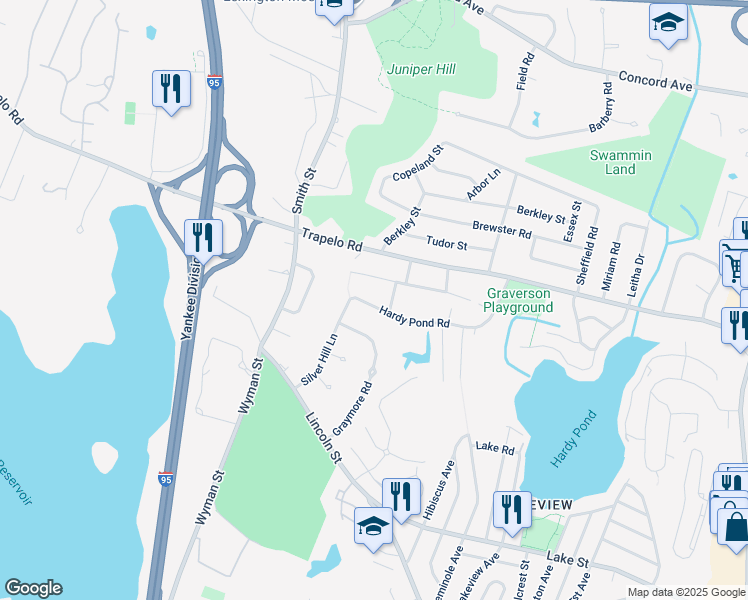 map of restaurants, bars, coffee shops, grocery stores, and more near 114 Hillcrest Road in Waltham
