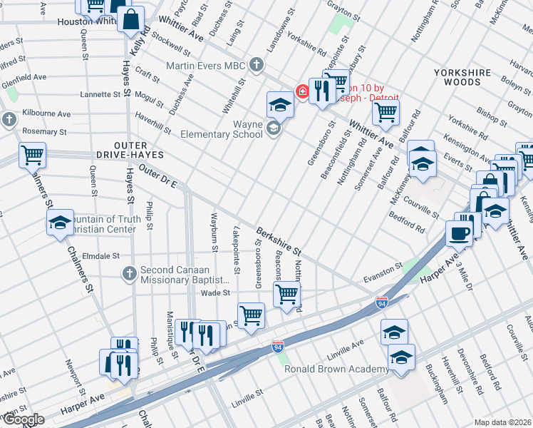 map of restaurants, bars, coffee shops, grocery stores, and more near 10174 Roxbury Street in Detroit
