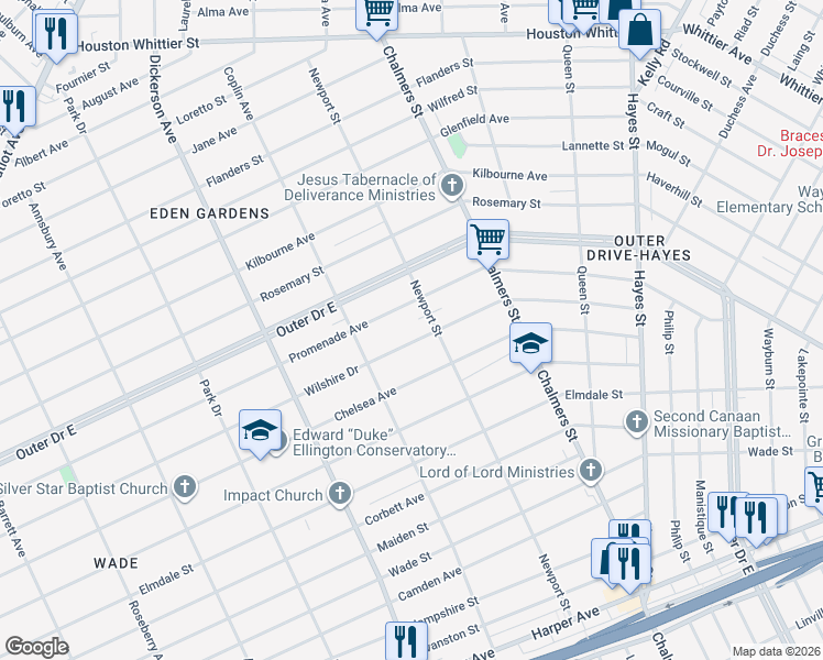 map of restaurants, bars, coffee shops, grocery stores, and more near 13392 Promenade Avenue in Detroit