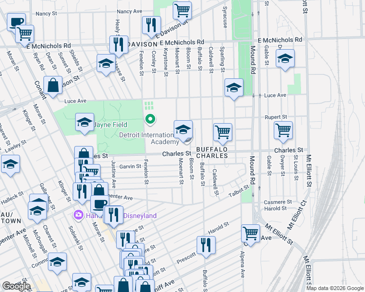 map of restaurants, bars, coffee shops, grocery stores, and more near 5361 Charles Street in Hamtramck