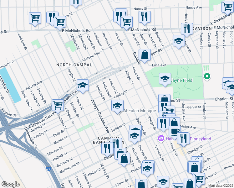 map of restaurants, bars, coffee shops, grocery stores, and more near 13122 Charest Street in Hamtramck