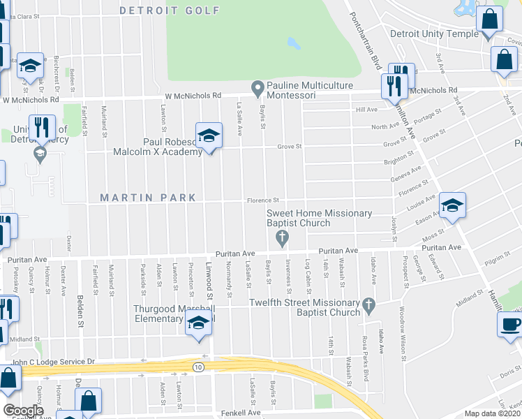 map of restaurants, bars, coffee shops, grocery stores, and more near 16258 Baylis Street in Detroit