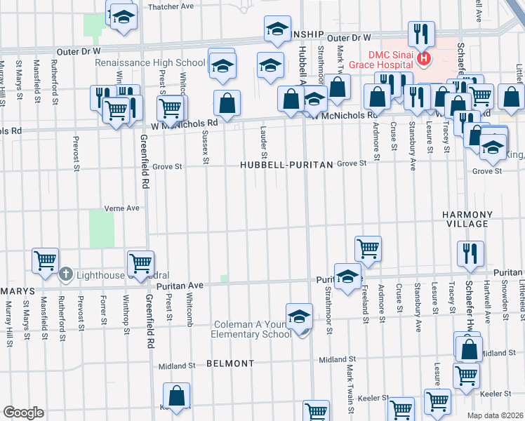 map of restaurants, bars, coffee shops, grocery stores, and more near 16576 Lauder Street in Detroit
