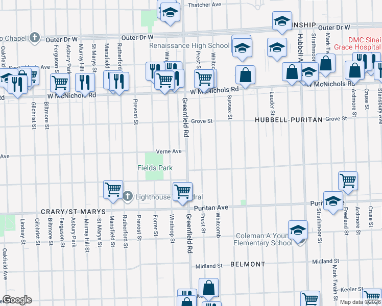 map of restaurants, bars, coffee shops, grocery stores, and more near 16676 Greenfield Road in Detroit
