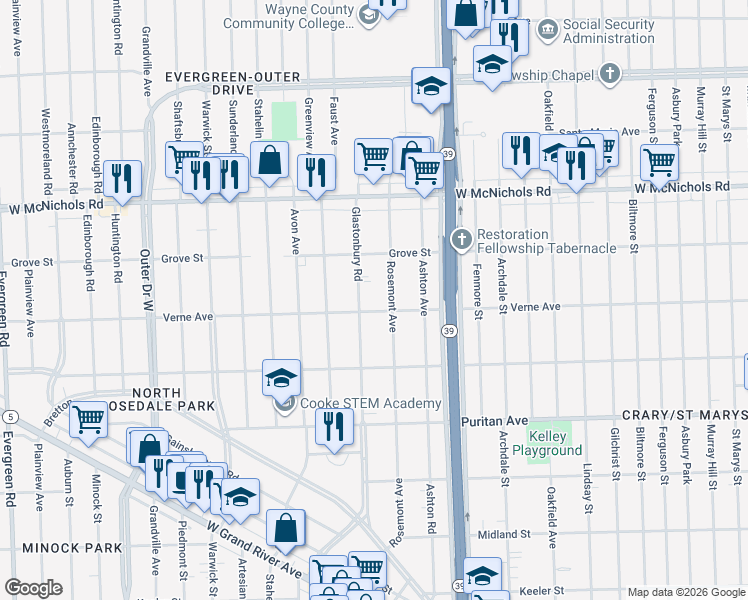 map of restaurants, bars, coffee shops, grocery stores, and more near 16723 Rosemont Avenue in Detroit
