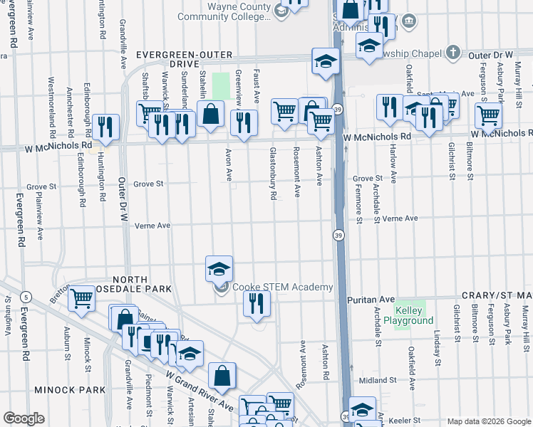 map of restaurants, bars, coffee shops, grocery stores, and more near 16729 Glastonbury Road in Detroit