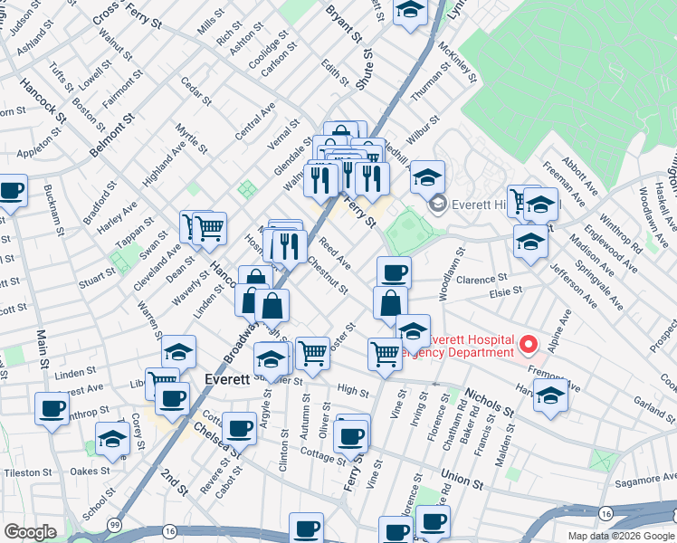 map of restaurants, bars, coffee shops, grocery stores, and more near 82 Chestnut Street in Everett