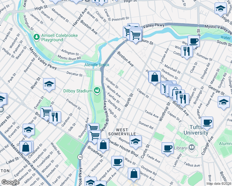 map of restaurants, bars, coffee shops, grocery stores, and more near 70 Woods Avenue in Somerville